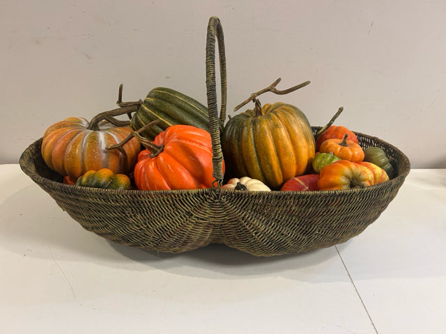Long Basket with Handle Filled with Faux Pumpkins