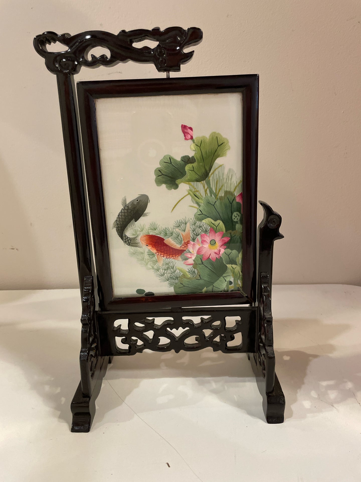 Antique Chinese Silk Art in Cherry Wood Frame