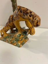 Load image into Gallery viewer, Vintage MCM Prowling Leopard Ceramic Lamp with Monkey Finial from Royal Haeger
