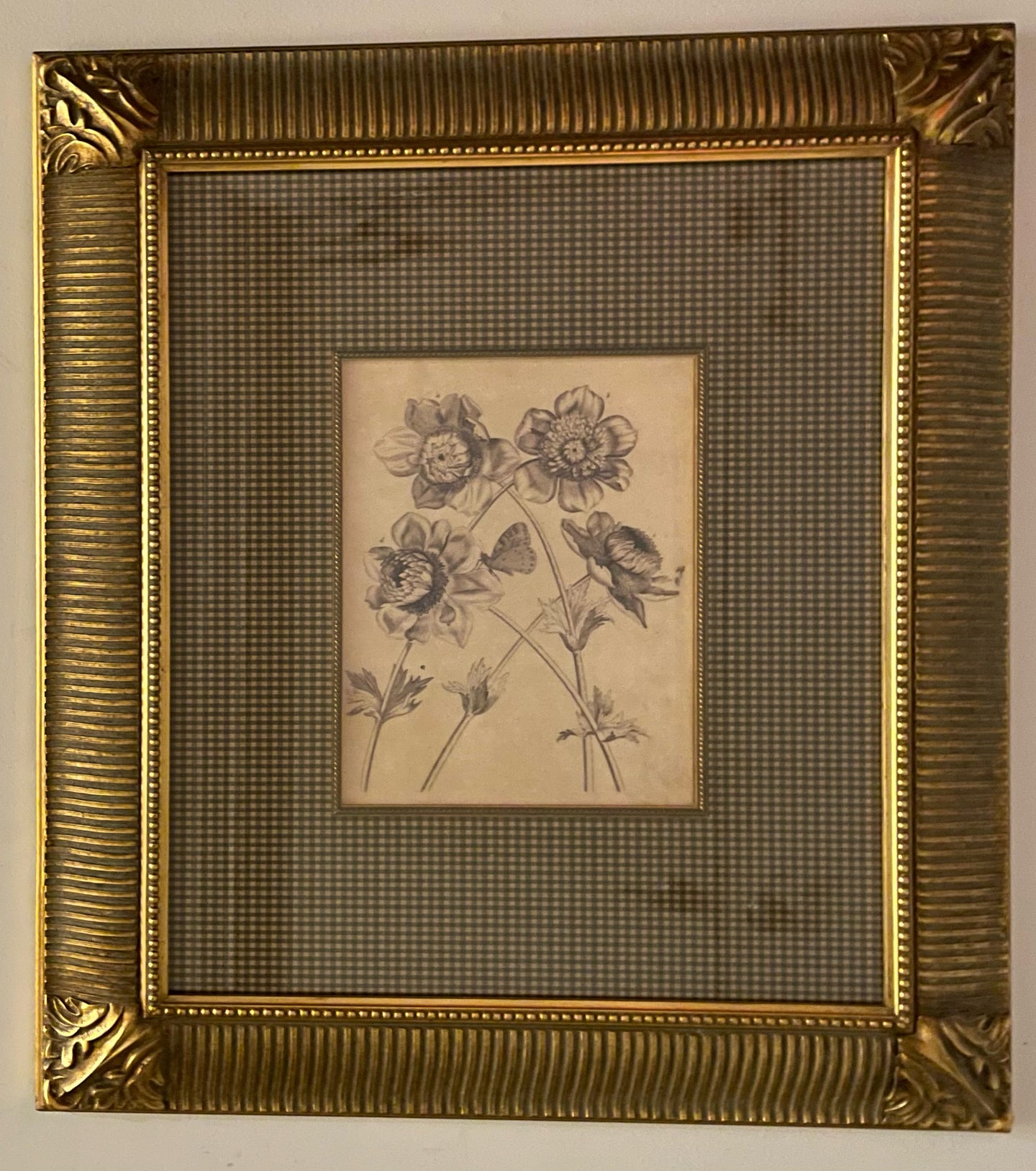 Floral Print with  Gingham Matte in Gold Frame III