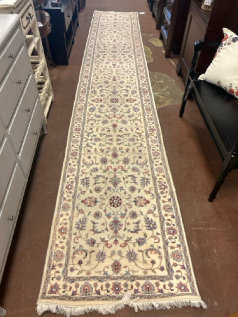 Handmade 100% Wool Runner in Cream, Blue & Pink, made in India