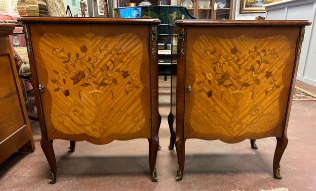 Pair of Louis XV Style Cabinet End Tables w/ Leather Top & Floral Inlay