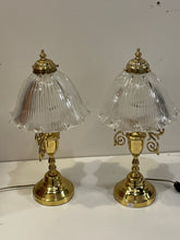 Load image into Gallery viewer, Pair of Vintage Brass Lamps with Dome Glass Shades
