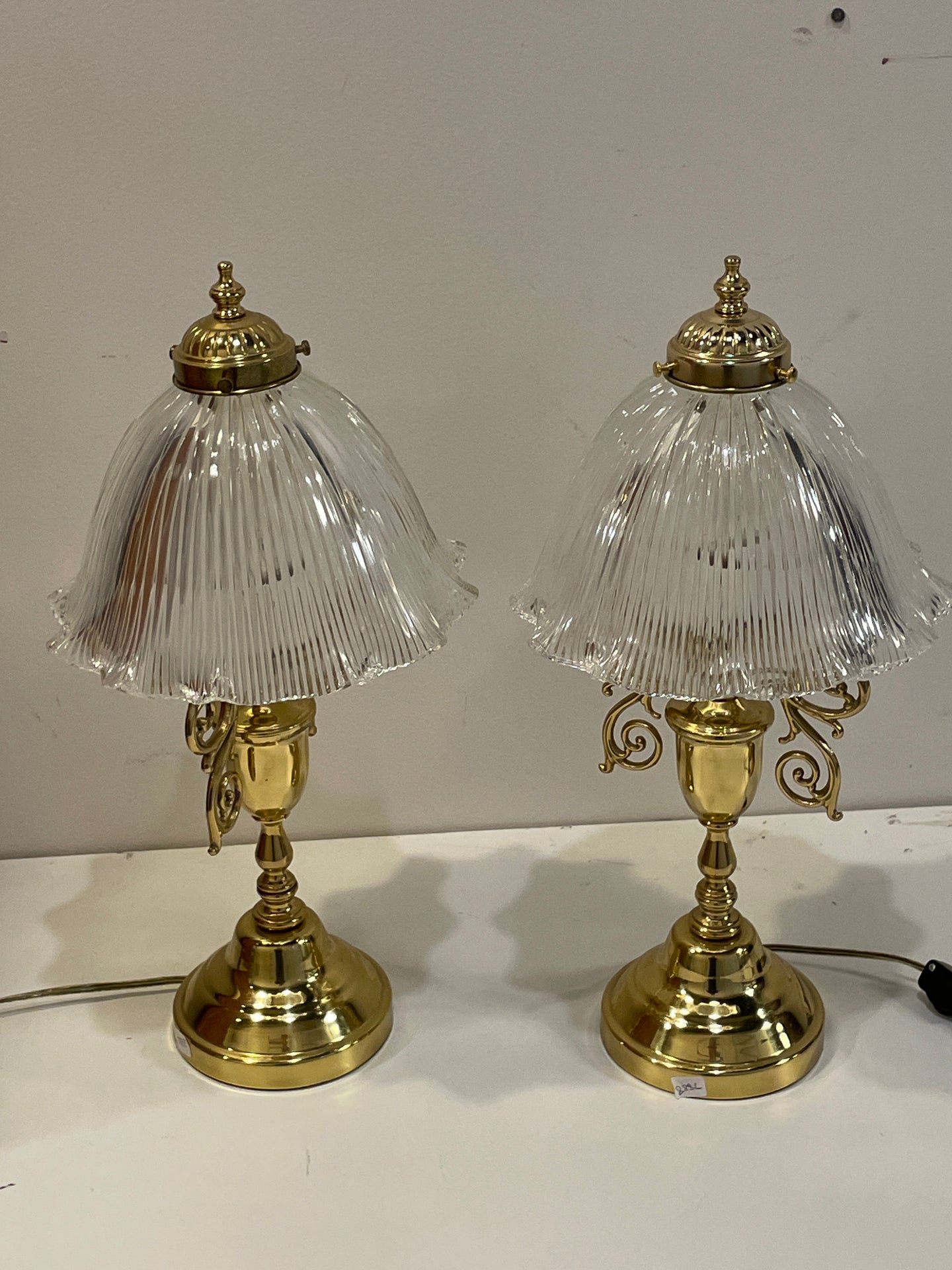 Pair of Vintage Brass Lamps with Dome Glass Shades