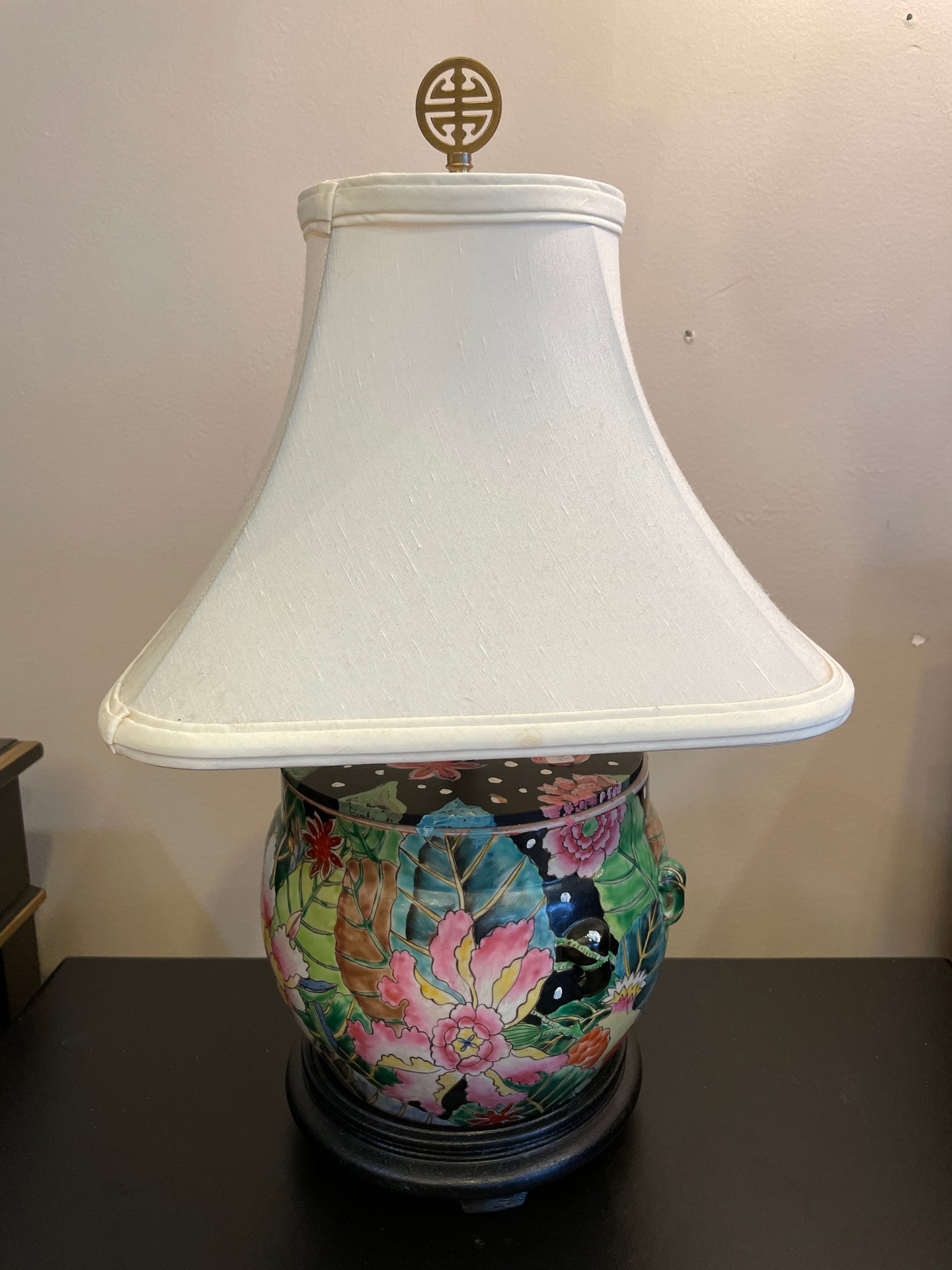 Round Floral Hand Painted Porcelain Lamp on Wood Base