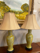 Load image into Gallery viewer, Pair of  Hand Painted Yellow &amp; Gold Lamps on Wood Base
