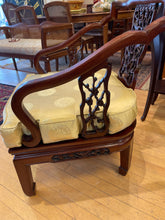 Load image into Gallery viewer, Pair of Asian Inspired Carved Wood Chairs with Upholstered Cushions
