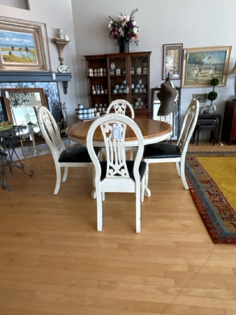 Round Pedestal Dining Table & 4 Distressed Wood Chairs with Black Leather Seats