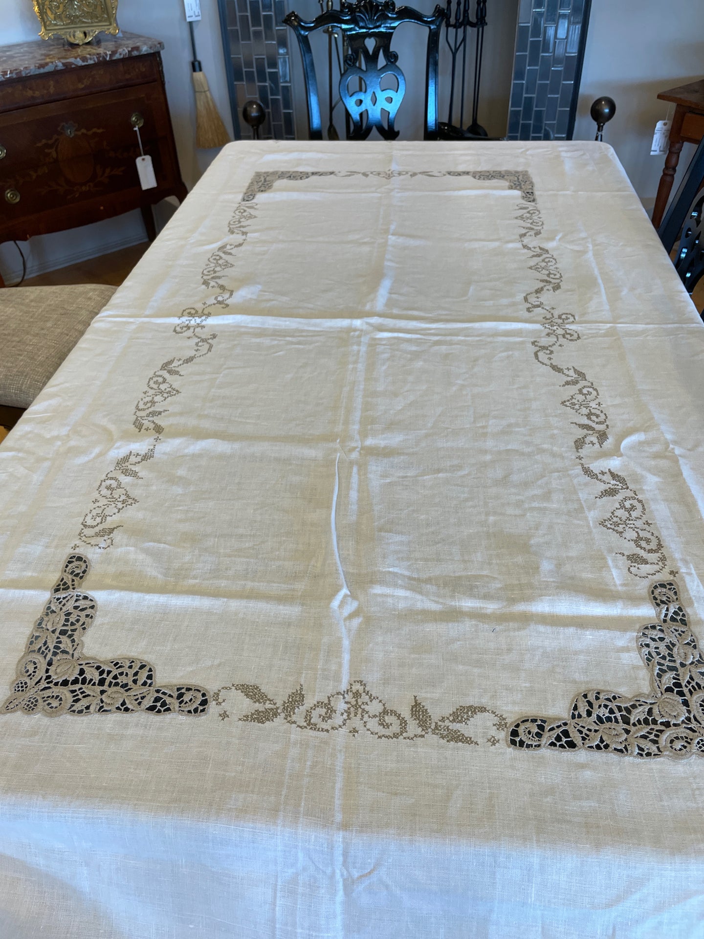Antique White Embroidered Table Linen with 7 Matching Napkins