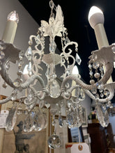 Load image into Gallery viewer, Vintage, White Painted, Shabby Chic Six Arm Chandelier with Crystals
