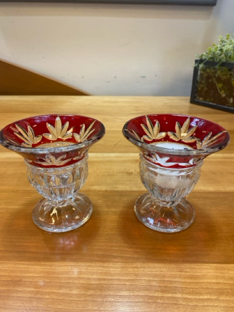 Pair of Glass Candle Holders with Red Rim