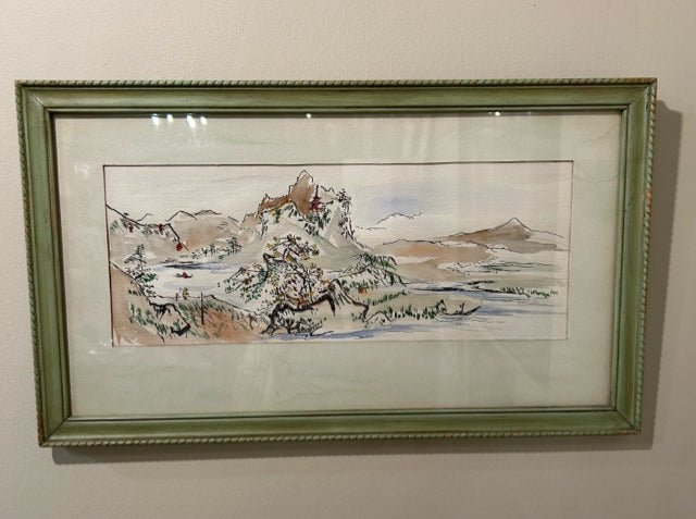 Watercolor of Japanese Scene  in Green Frame