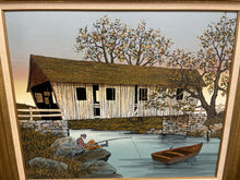 Load image into Gallery viewer, Fisherman Under Covered Bridge Print In Gold Frame, Signed
