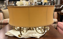 Load image into Gallery viewer, 6 Arm Brass Chandelier with Drum Shade &amp; Amber Colored Crystals
