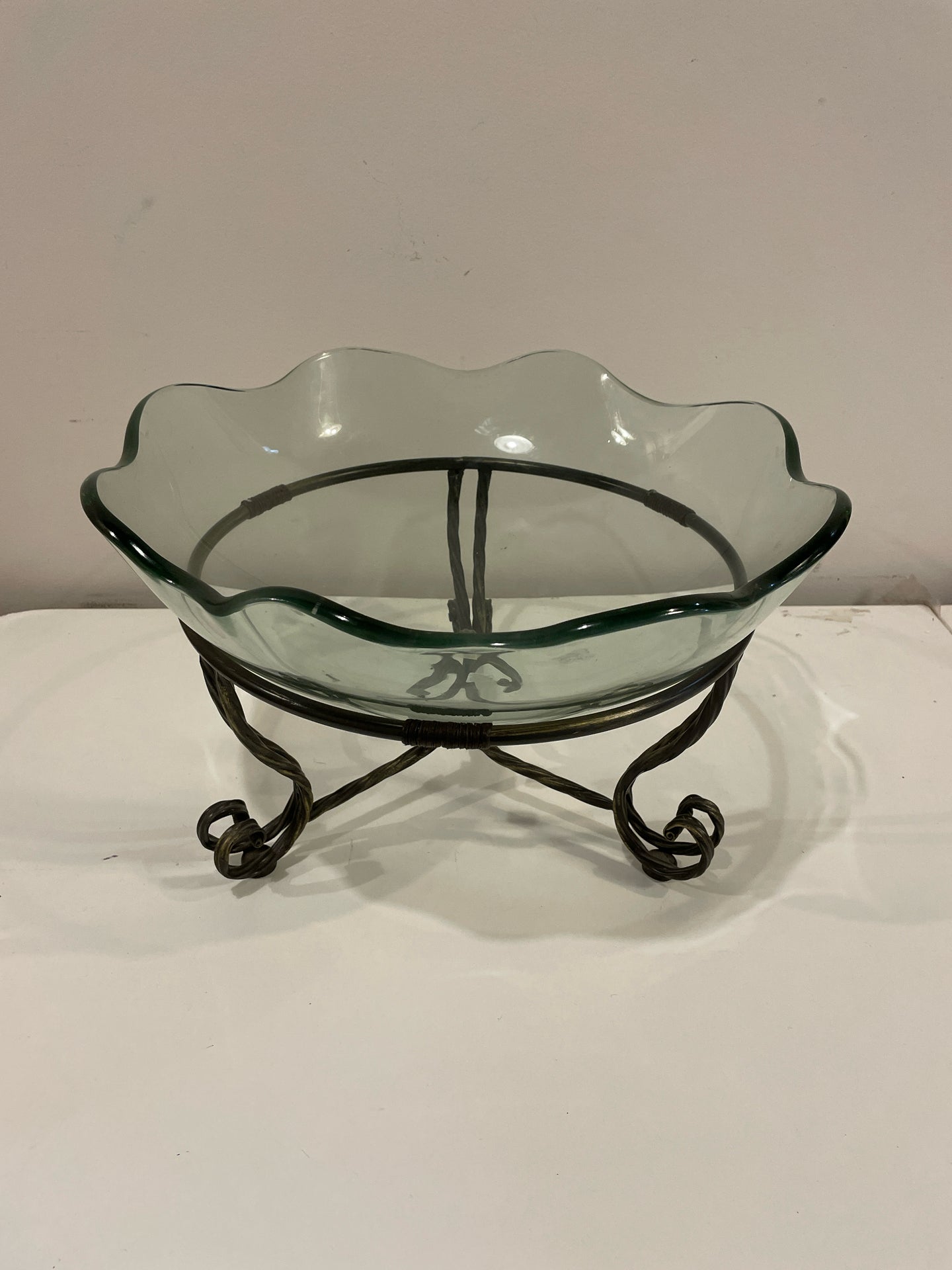 Scalloped Glass Bowl on Metal Stand