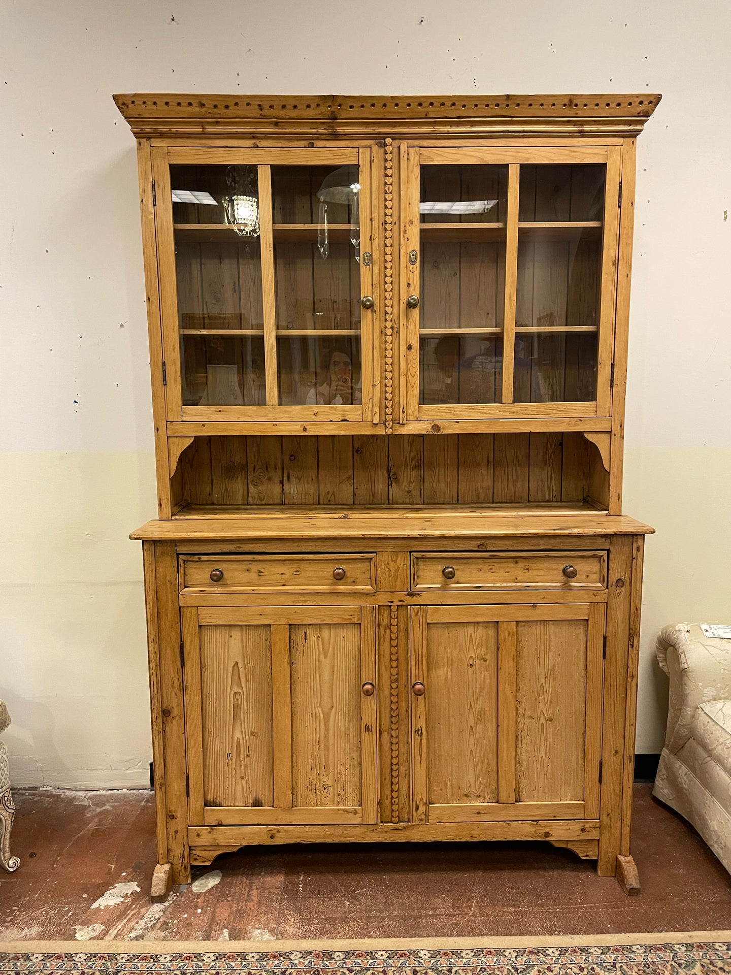 One Piece Antique Pine Cabinet with Glass Doors from Pine Trader Antiques, Montecito. CA
