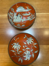 Load image into Gallery viewer, Pair of Orange Ceramic Plates with Pewter Back.  Can be Hung.
