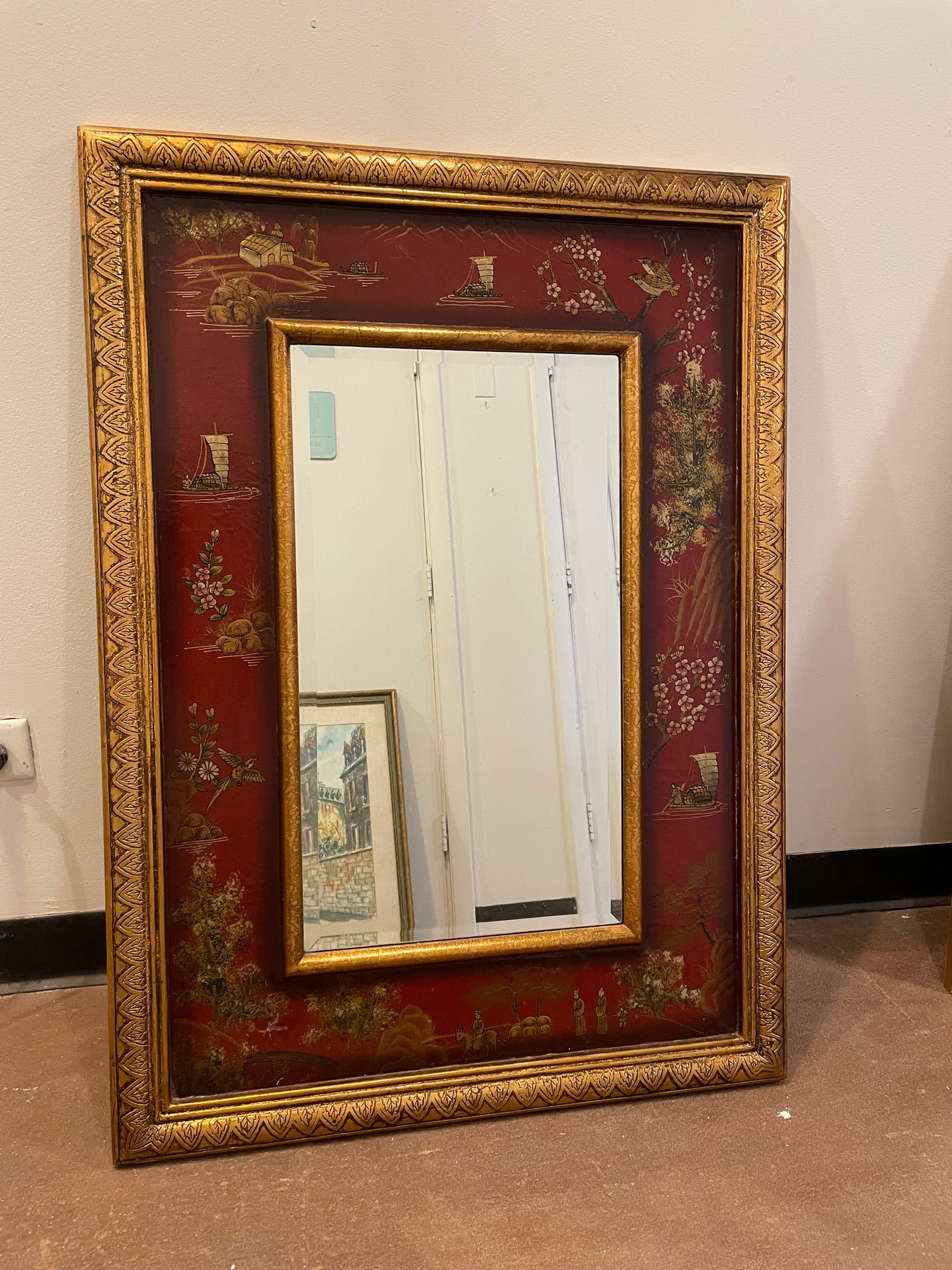 Gold Mirror with Hand-Painted Asian Motif