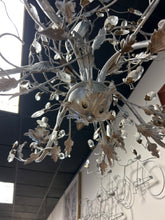 Load image into Gallery viewer, Painted Gray Leaf Chandelier with Crystal Accents
