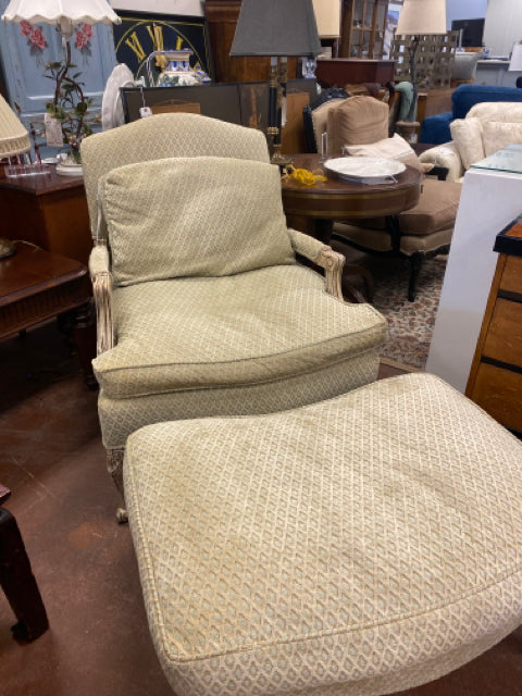 Cream & Light Blue Diamond Patterned French Provincial Chair & Ottoman