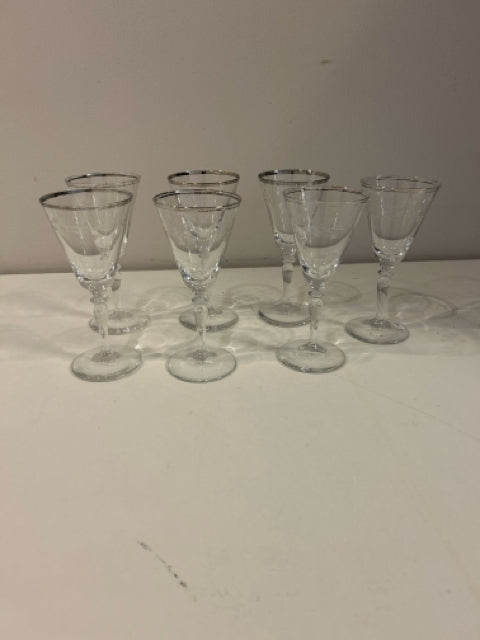 Set of 7 Silver Rimmed Wine Glasses
