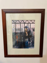 Load image into Gallery viewer, Print of People with Umbrellas in Brown Frame by M. Allen
