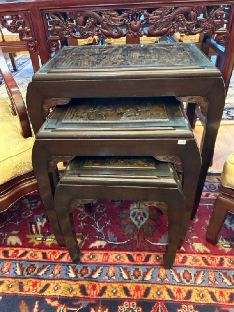 Set of 3 Asian Inspired Nesting Tables with Glass Top