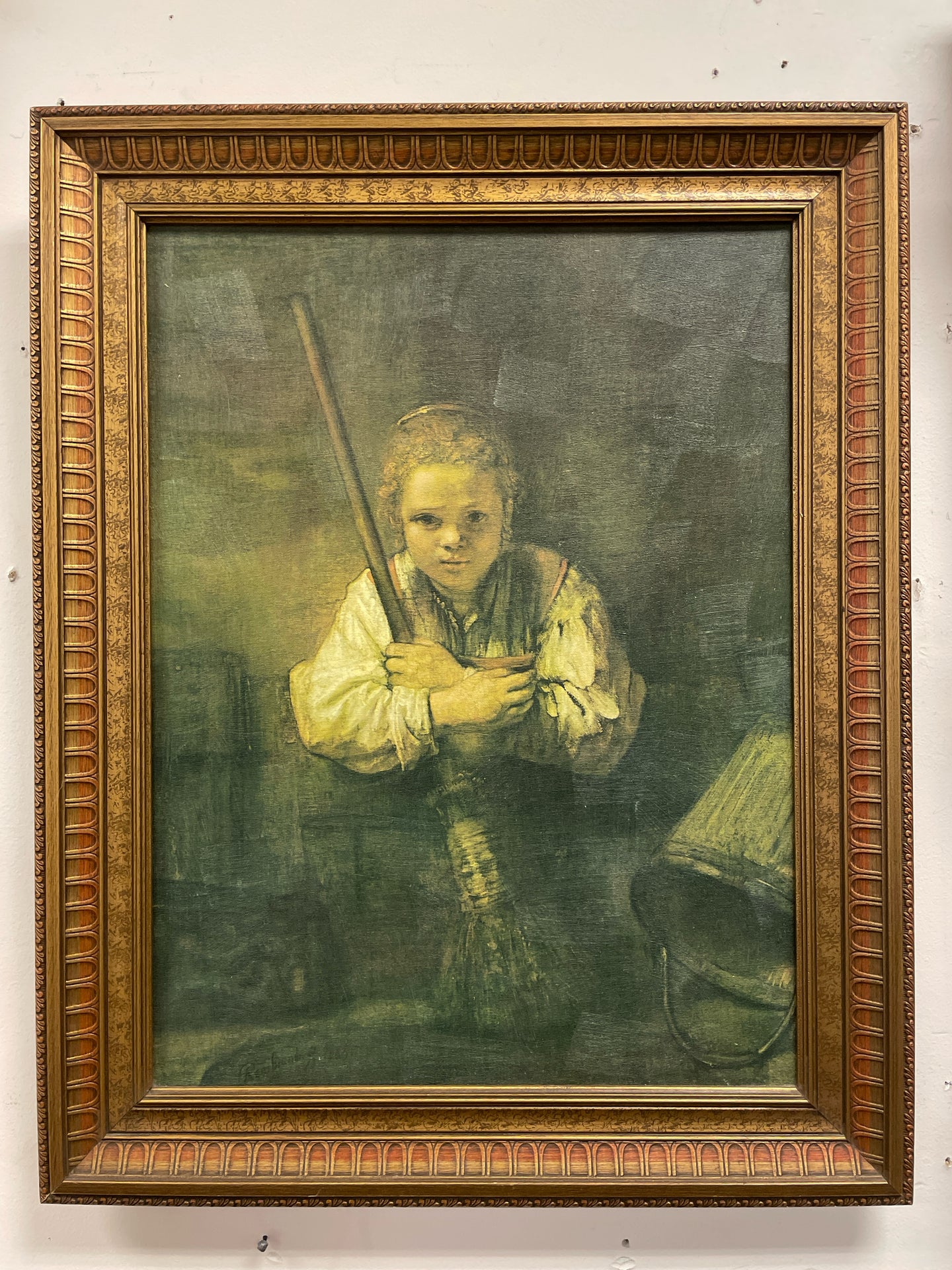Framed Reproduction Rembrandt on Canvas of Girl with Broom