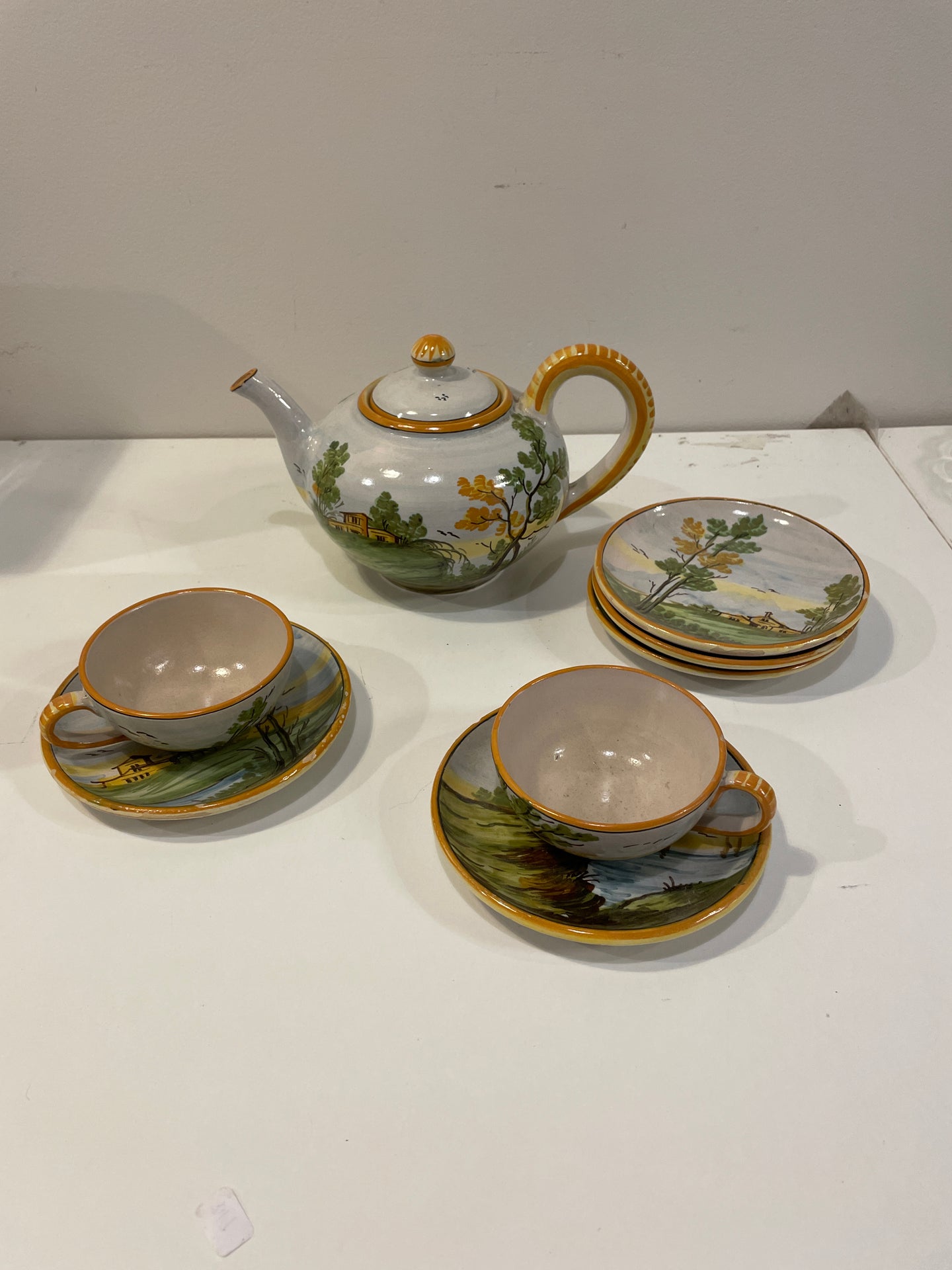 Incomplete Tea Set, Italian Countryside Scene,  Includes Teapot, 2 Cups, 5 Saucers
