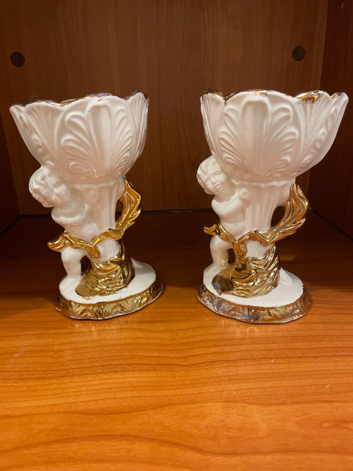 Pair of Ceramic White & Gold Vases with Cherubs