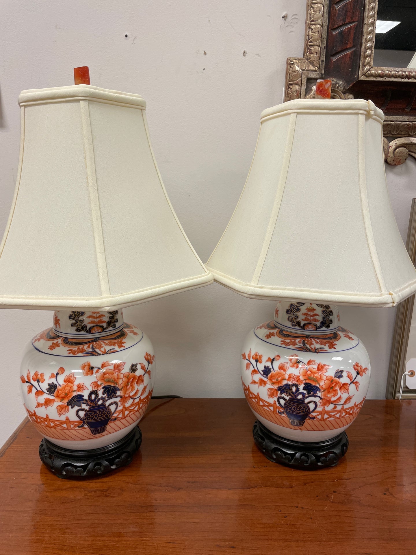 Pair of Porcelain Asian Inspired Table Lamps with Wood Base