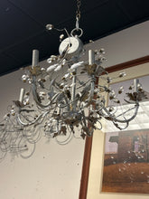 Load image into Gallery viewer, Painted Gray Leaf Chandelier with Crystal Accents
