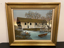 Load image into Gallery viewer, Fisherman Under Covered Bridge Print In Gold Frame, Signed
