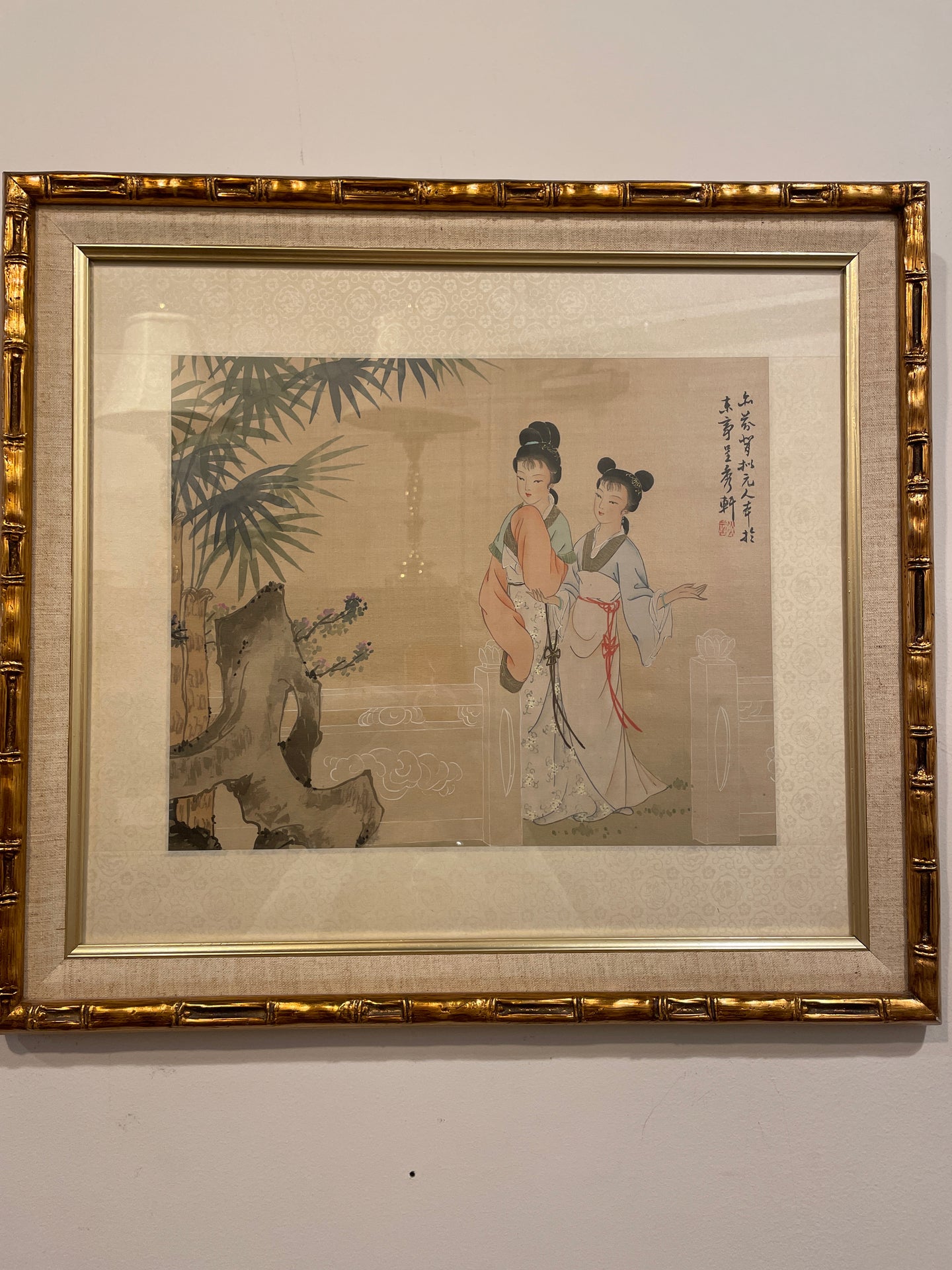 Two Geisha Women in Faux Gold Bamboo Frame