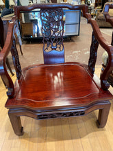 Load image into Gallery viewer, Pair of Asian Inspired Carved Wood Chairs with Upholstered Cushions
