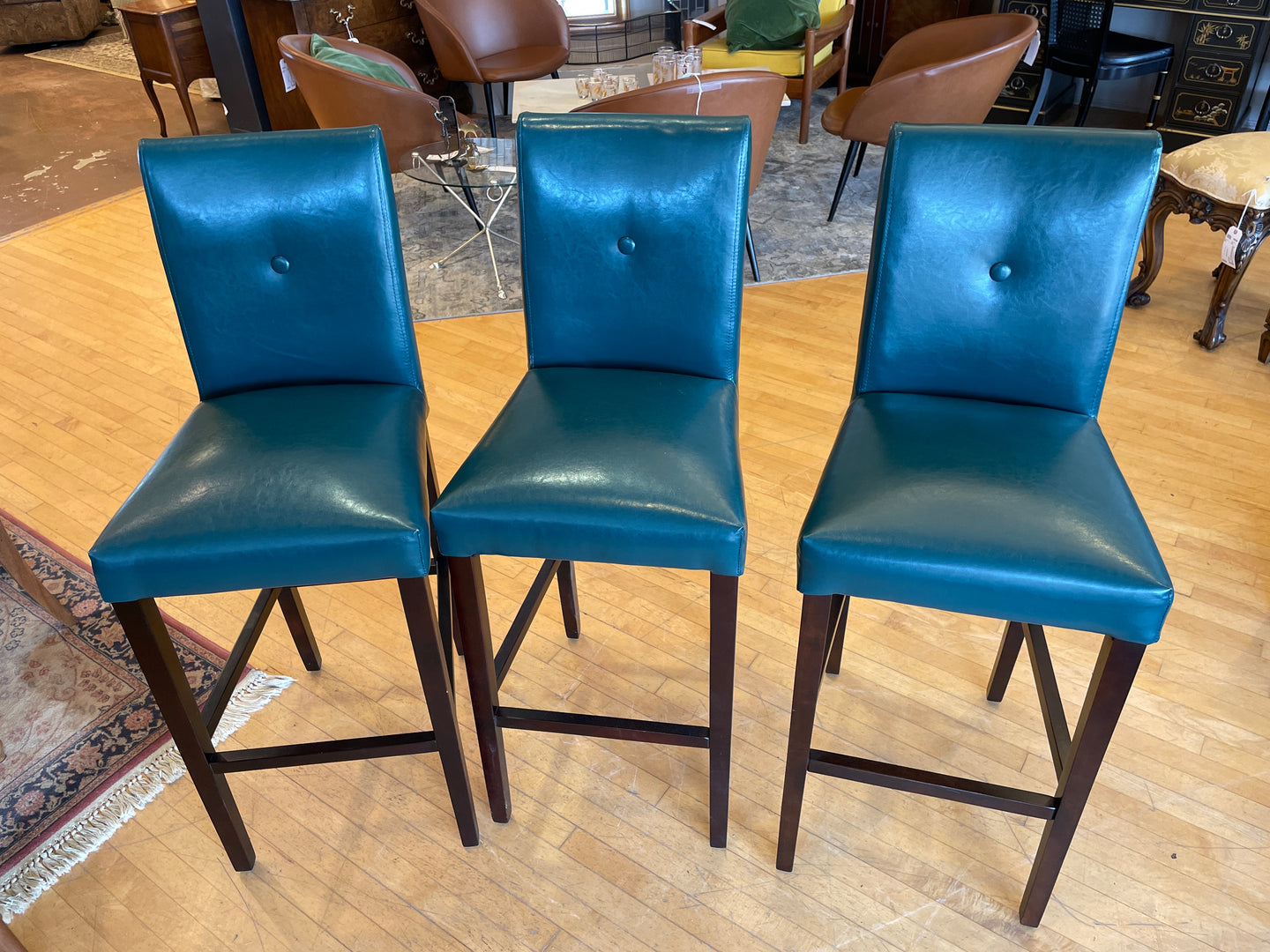 Set of Three Faux Leather Green Bar Stools