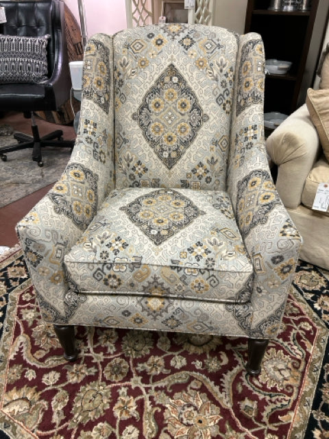 Grey, Cream, Yellow & Black Upholstered Wing Chair from Ethan Allen